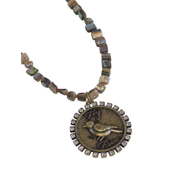 Handmade Fly Free Bird Necklace Abalone Shell Beads + Rhinestones - Picture 5 of 9